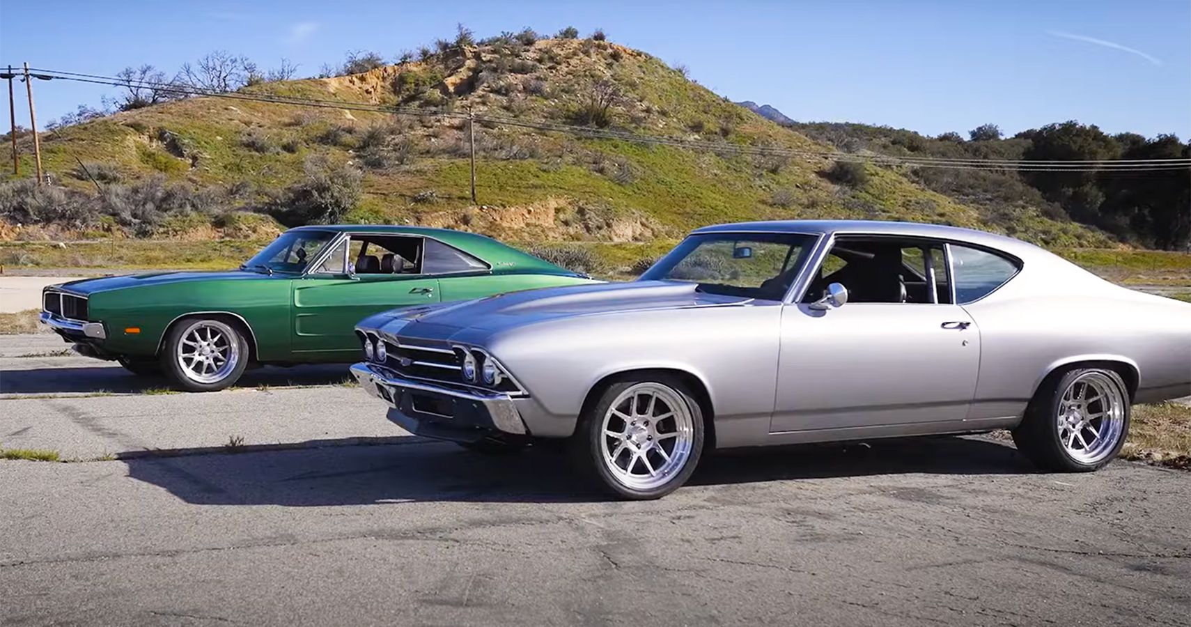 Silver Chevy muscle car and green Dodge classic car