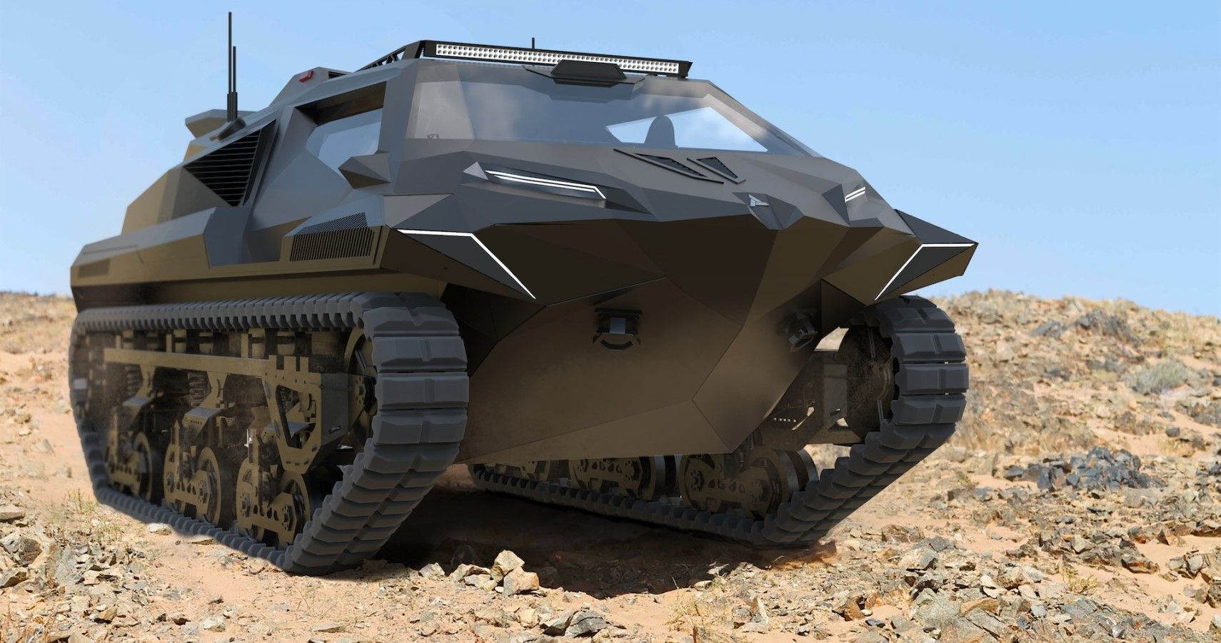 STORM is an ARMORED HYBRID AMPHIBIOUS MPV in the desert front third quarter view