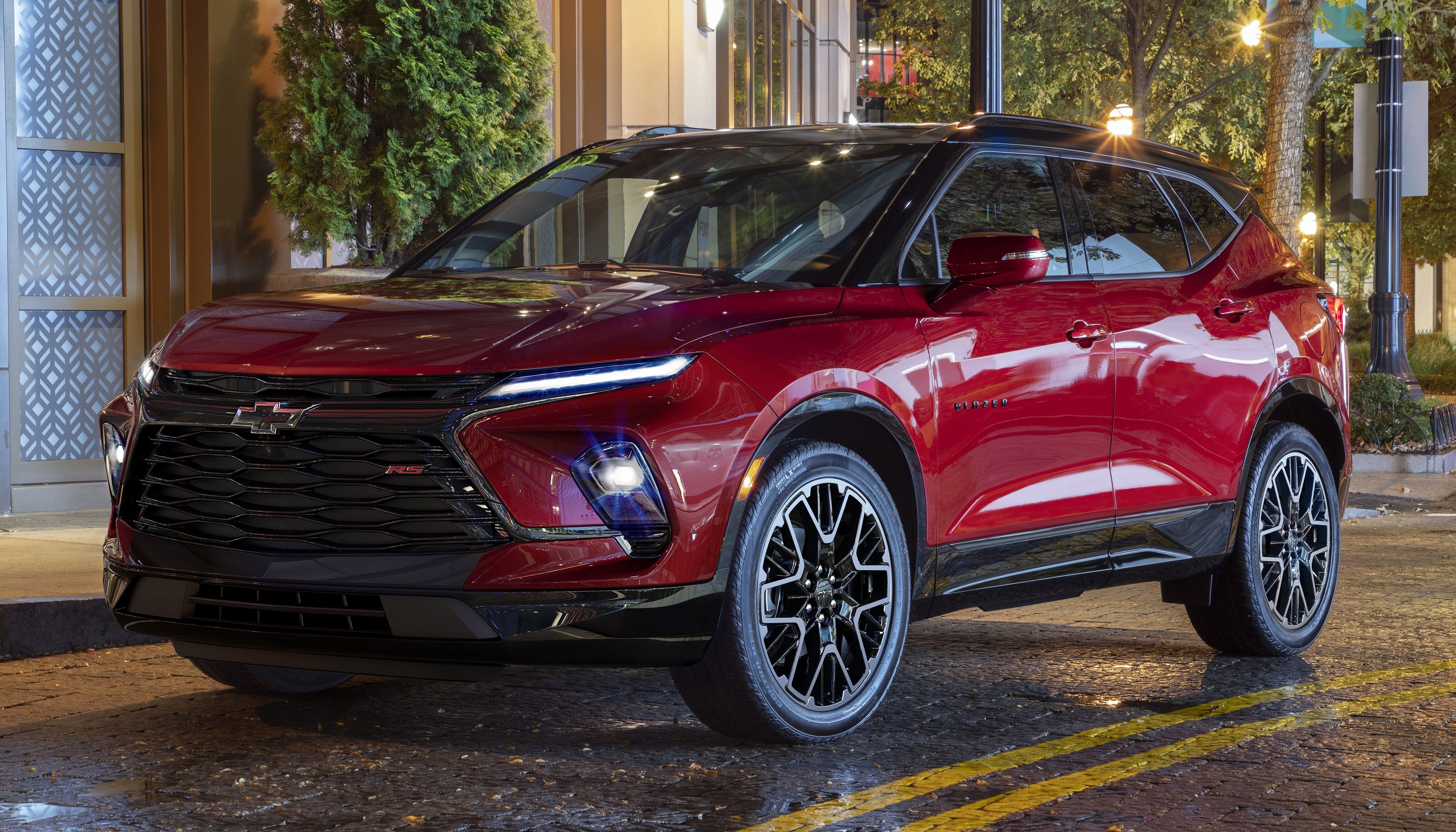Red 2023 Chevrolet Blazer RS parked on the road
