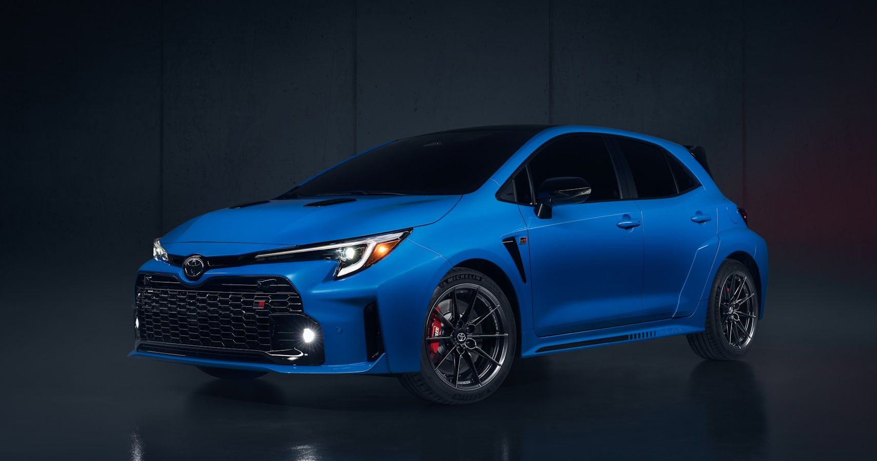Front-side view of the 2024 GR Corolla Blue Flame Circuit Edition