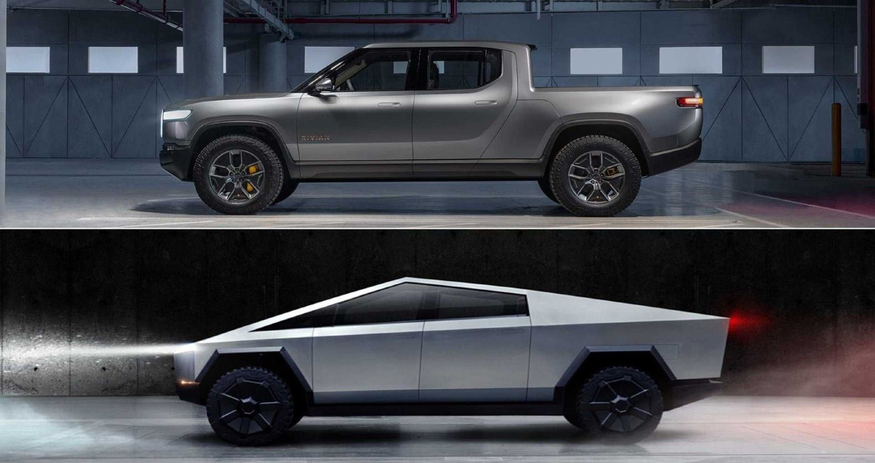 Rivian R1T and Tesla Cybertruck parked