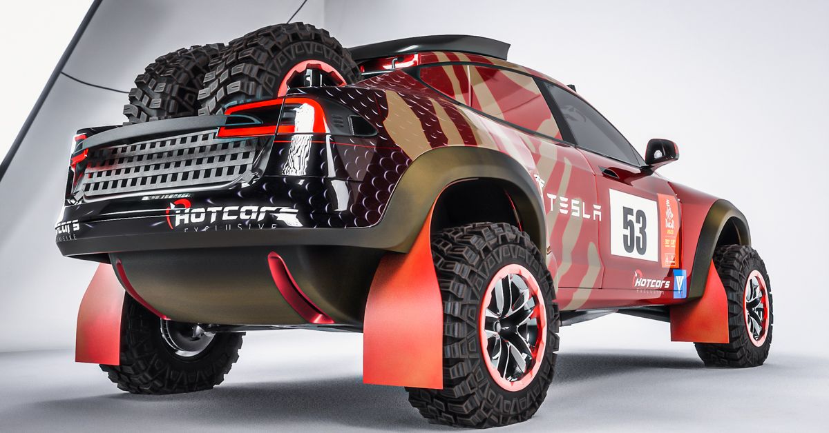 Hotcars traseiros três quartos inferiores renderizam Tesla Model S Plaid Dakar Racer