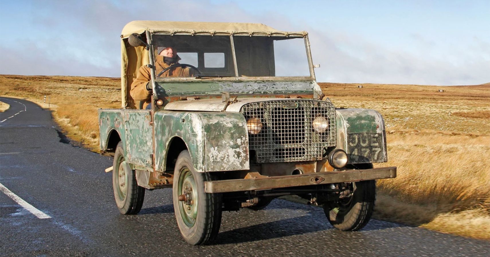 restored Land Rover JUE 477 on road