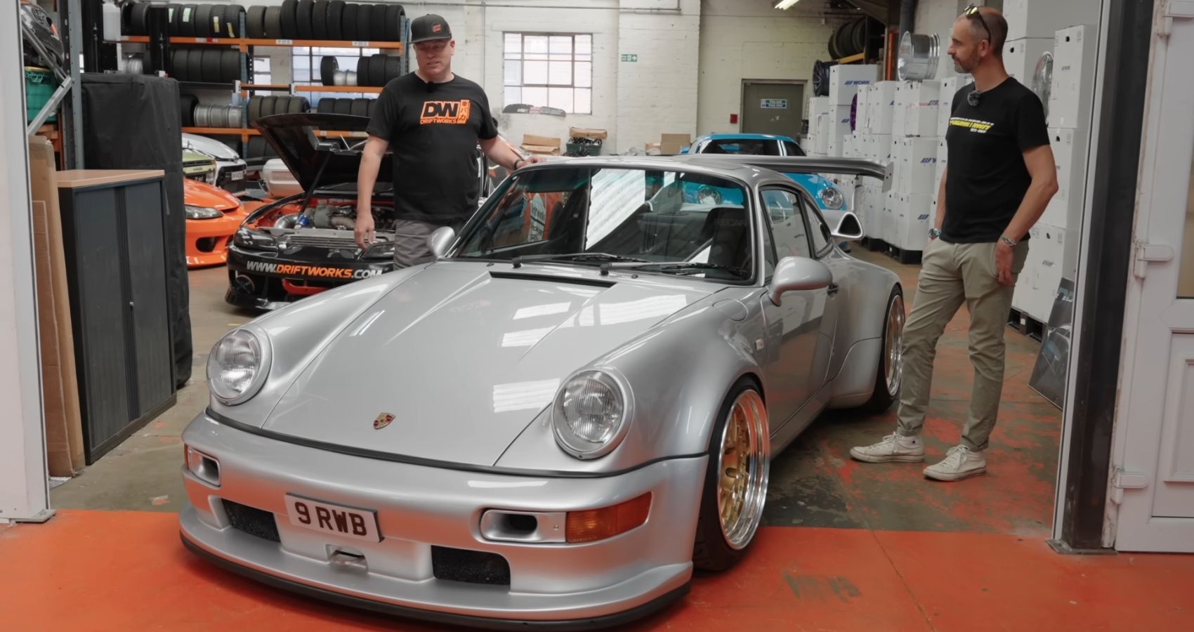 Porsche 964 911 Turbo Rauh-Welt Front Quarter View with Jonny And Phil in garage