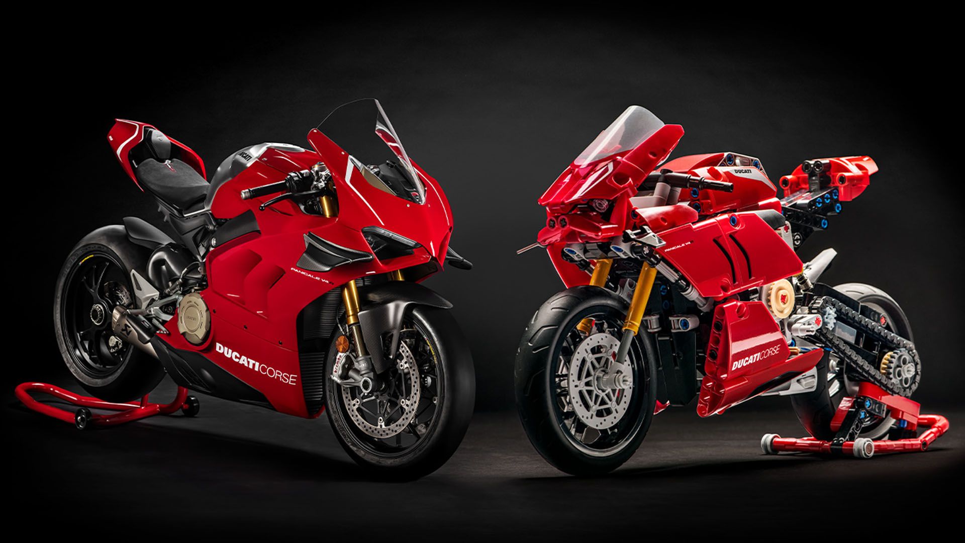 Red Ducati Panigale V4 R Superbike With Its LEGO Technic Model 42107 