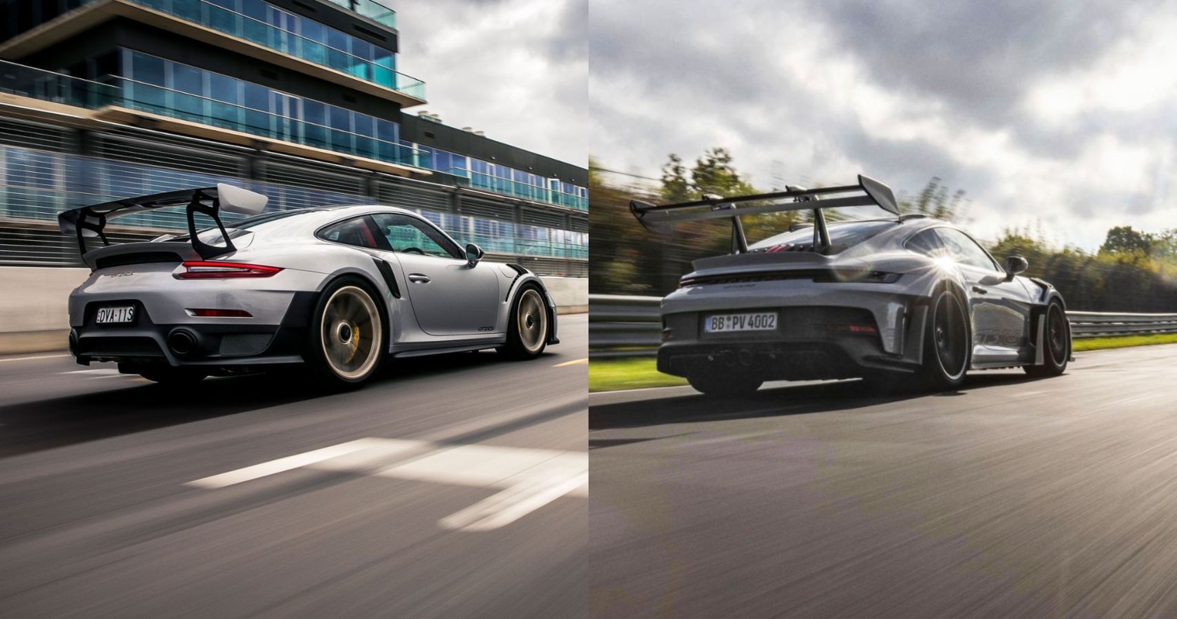 Porsche 911 GT2 RS Vs GT3 RS accelerating comparison view
