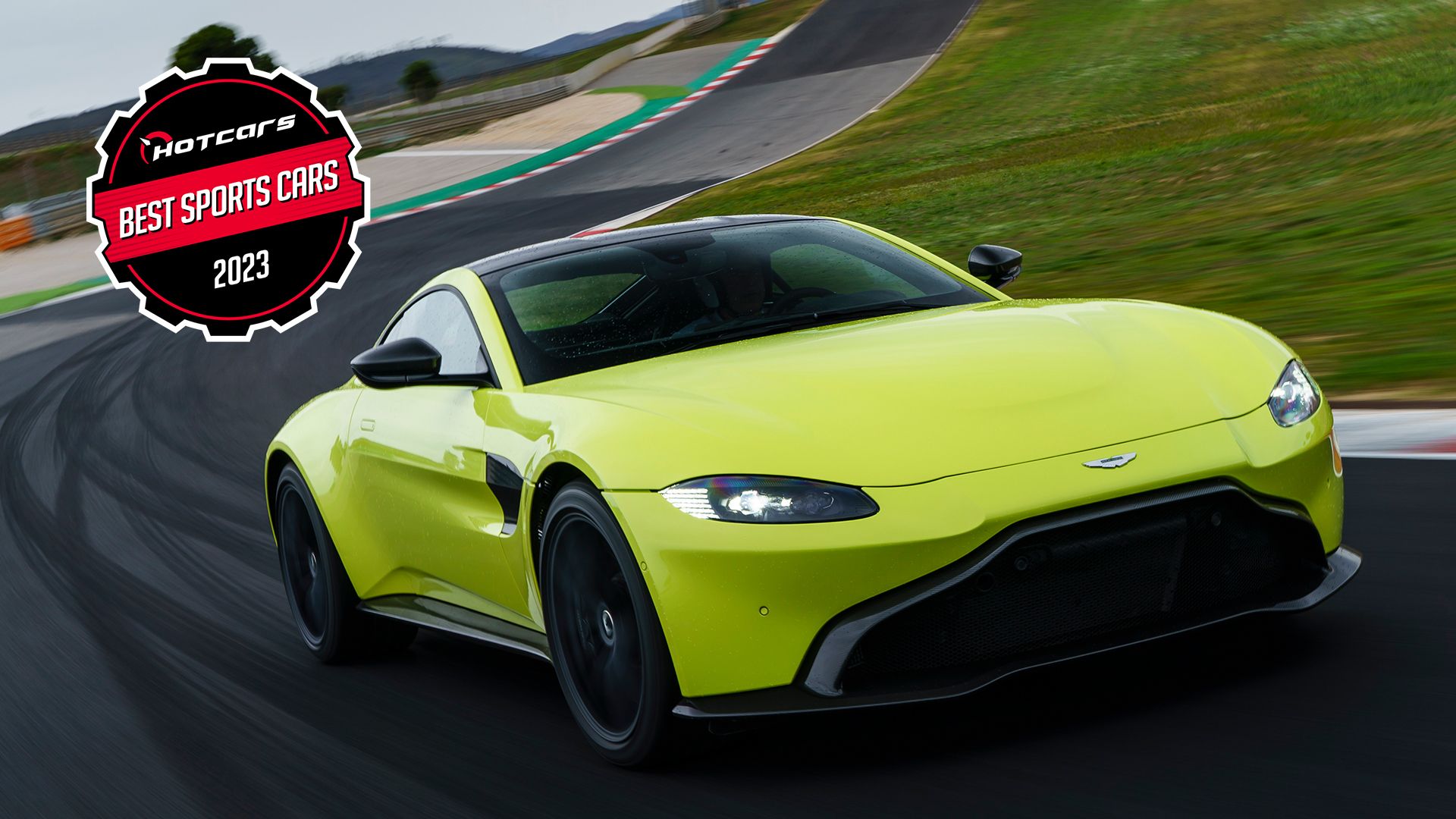 Lime Aston Martin Vantage driving on track