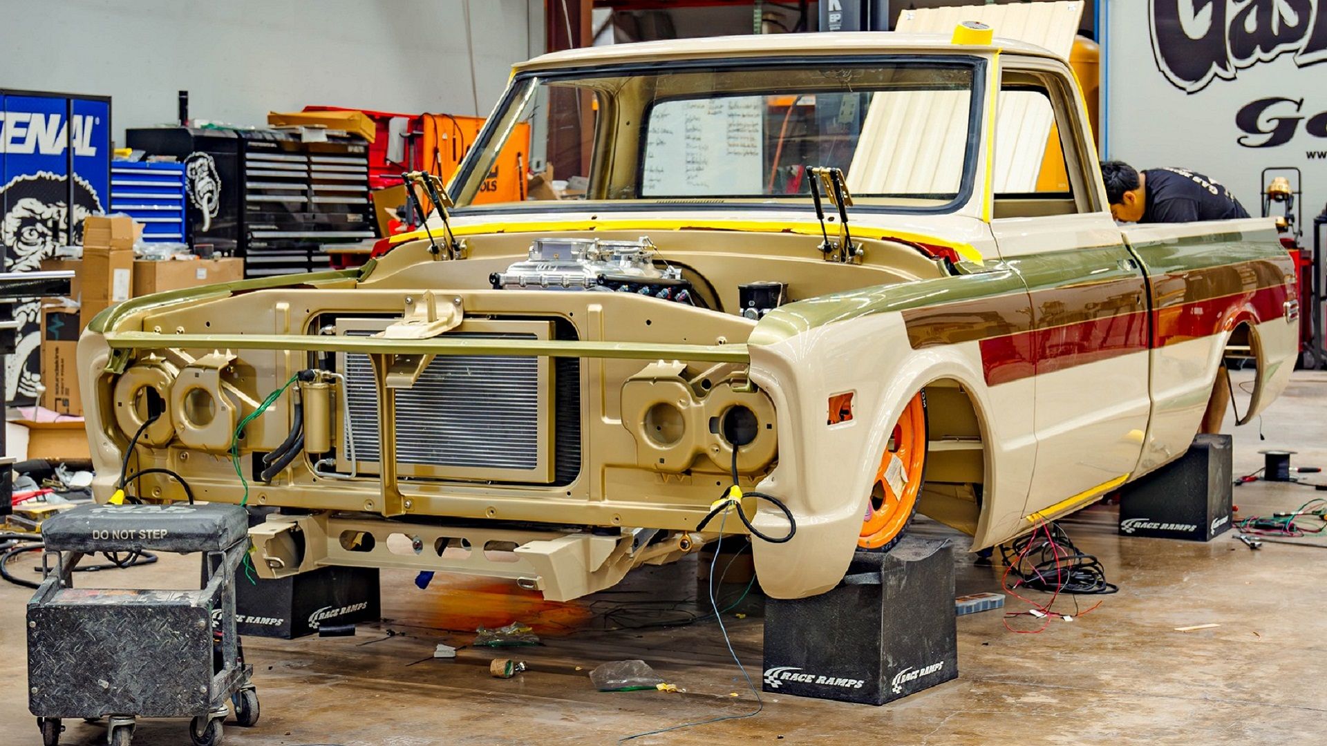 Gold Gas Monkey Garage GMC C1500 build in workshop