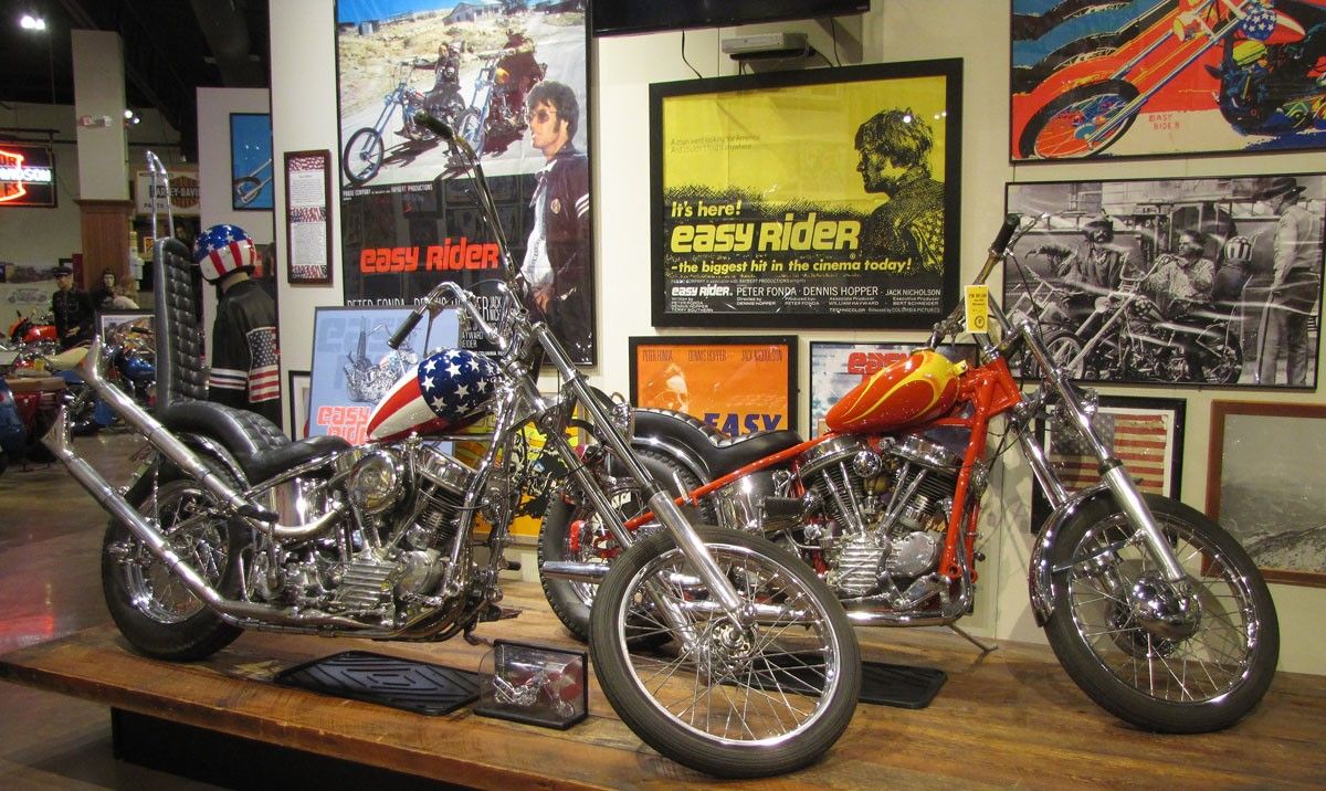 Custom stars-and-stripe and Red-Yellow flame Custom Harley-Davidson Panheads from the movie "Easy Rider" in the National Motorcycle Museum