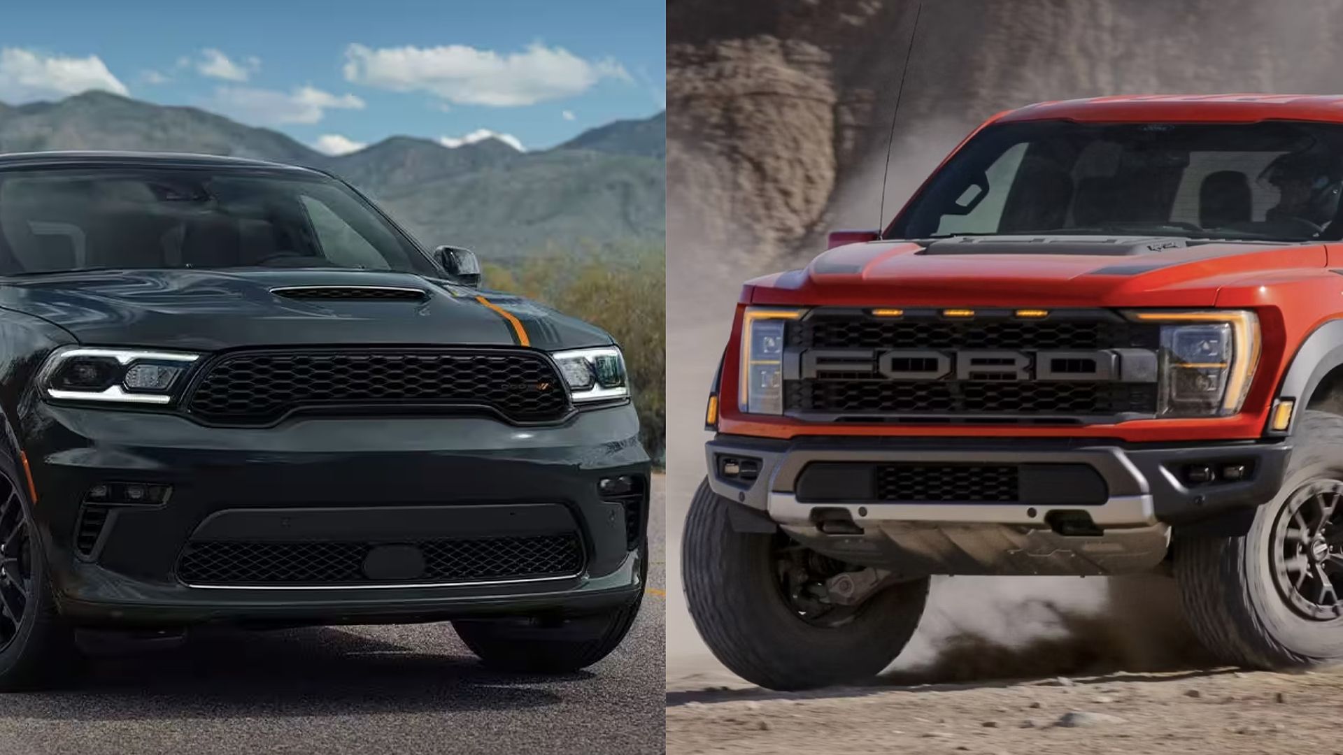 Front view of a Dodge Durango Hellcat and a Ford Raptor R