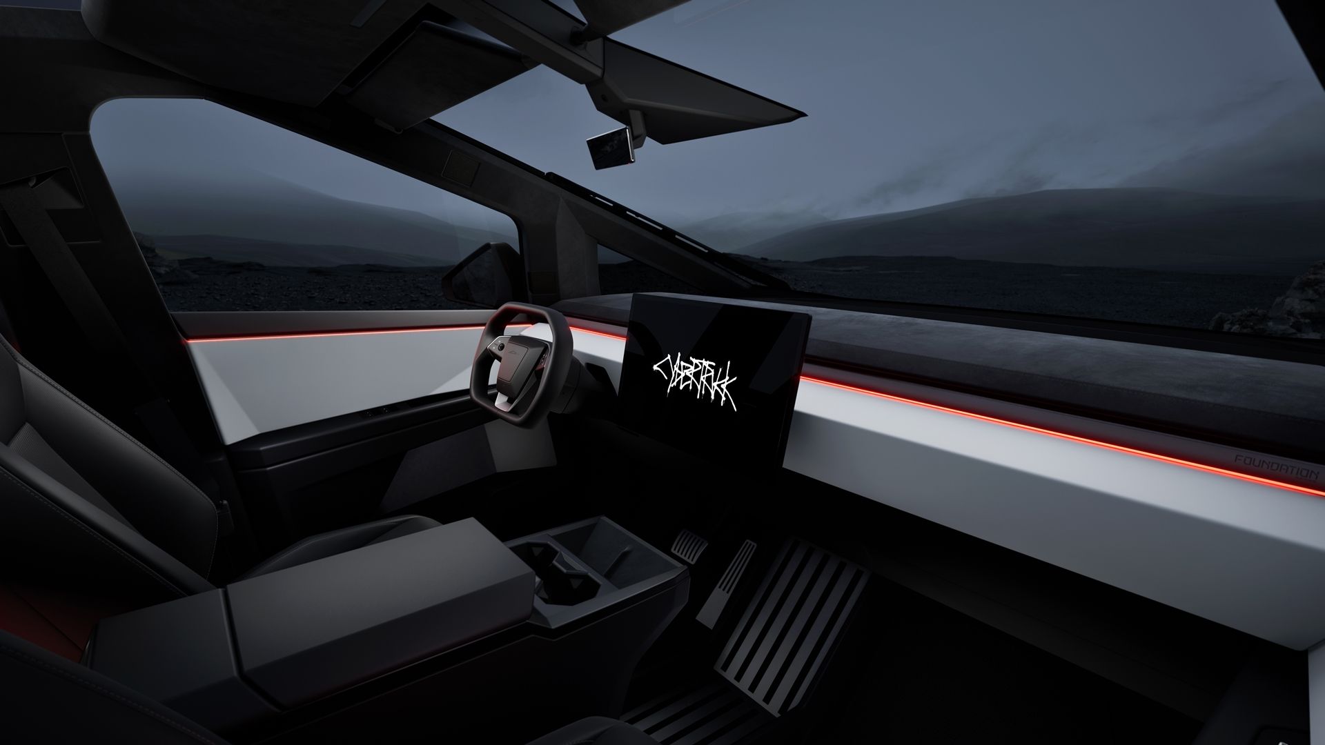 Image depicts the interior of the Tesla Cybertruck from the passenger side