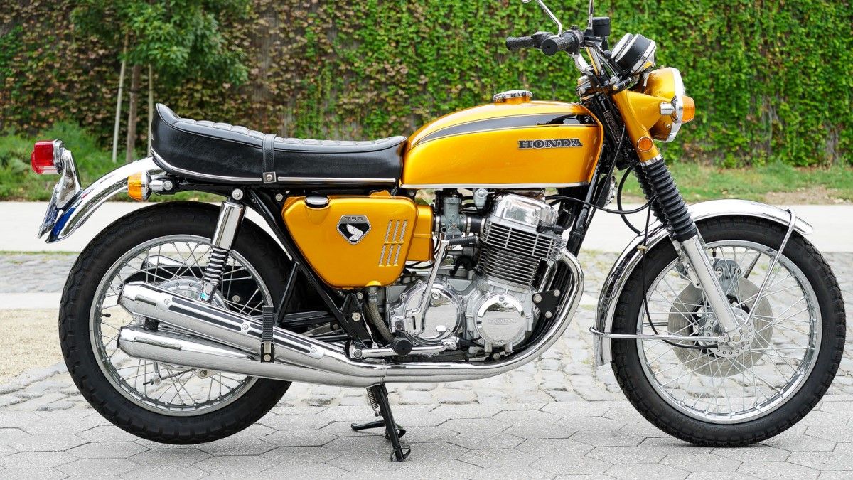 1970 Honda CB750 in yellow side profile view