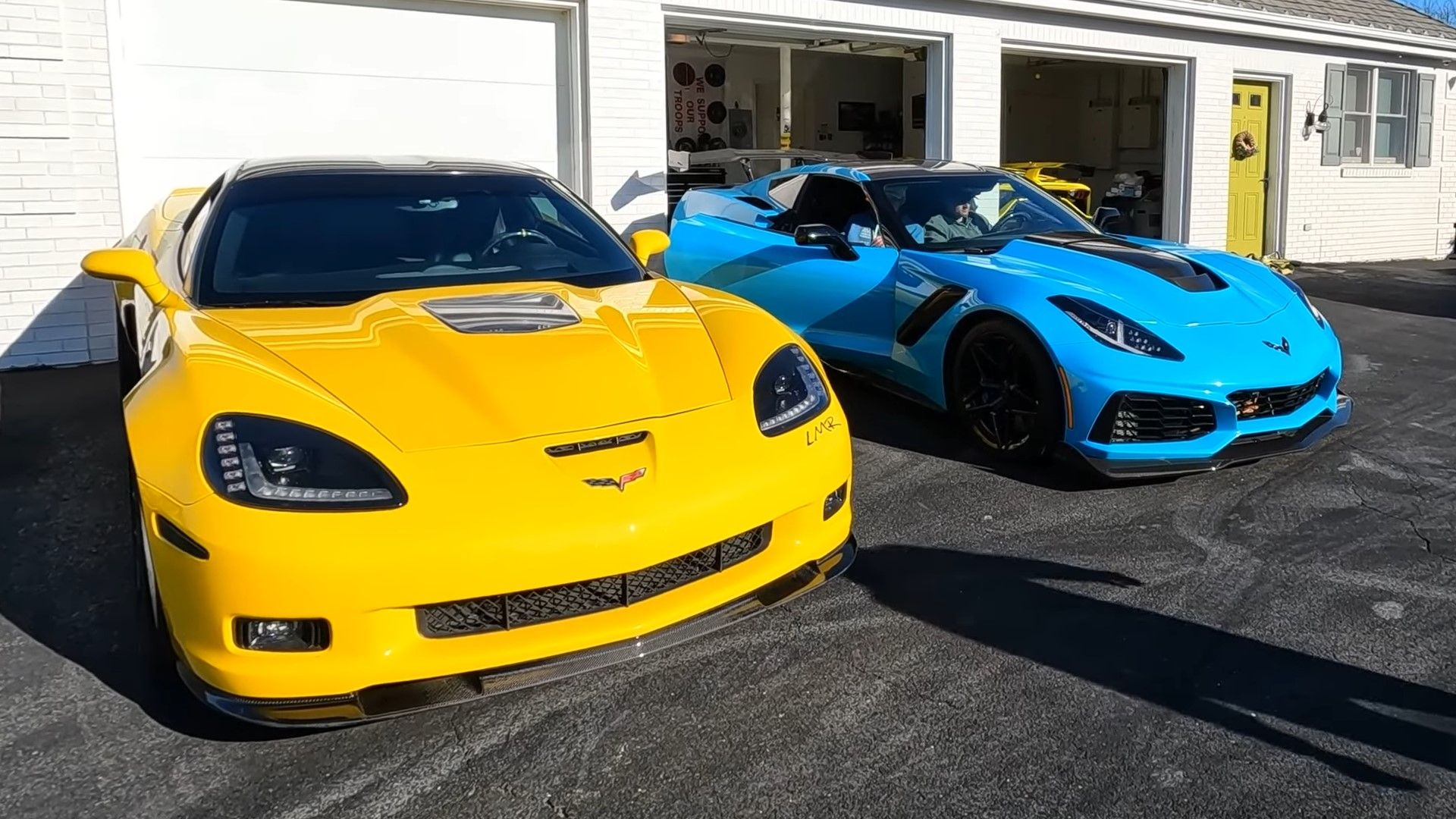 A yellow 2013 Chevrolet Corvette C6 ZR1 and a blue 2019 Chevrolet Corvette C7 ZR1 