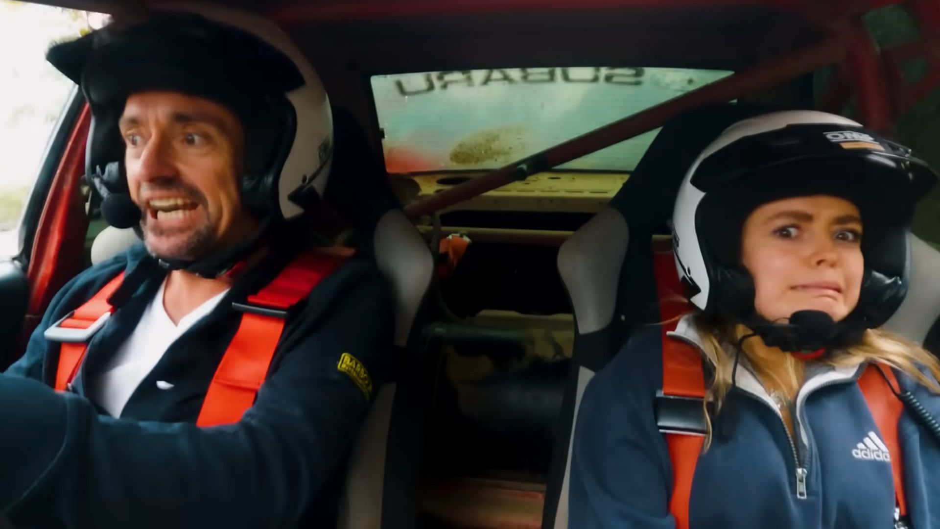Richard Hammond and his daughter Izzy rally driving in a Subaru Impreza