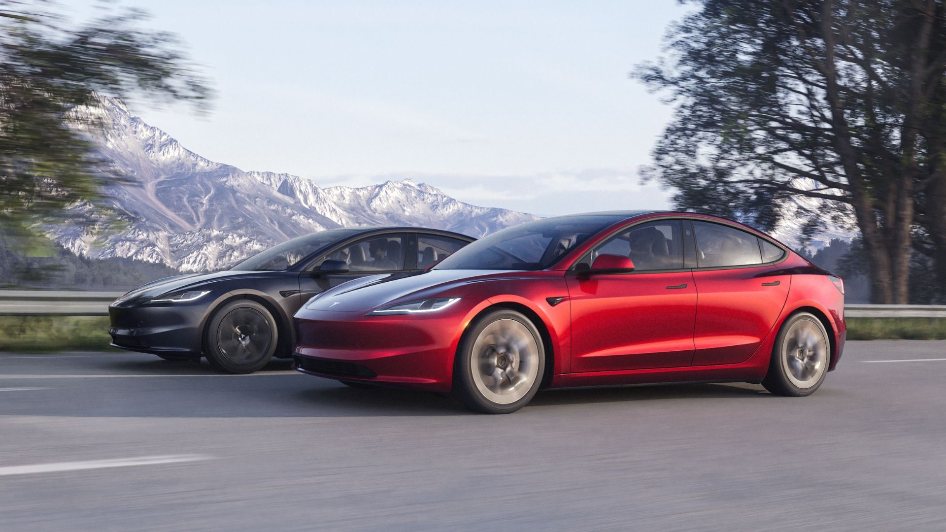 Tesla Model 3s Driving In Winter