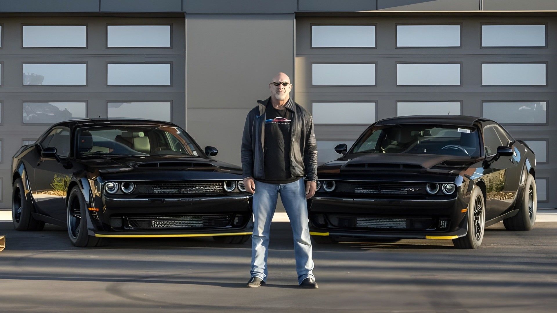 A Pitch Black 2018 Dodge Challenger SRT Demon and a Pitch Black 2023 Dodge Challenger SRT Demon 170 with Bill Goldberg front shot