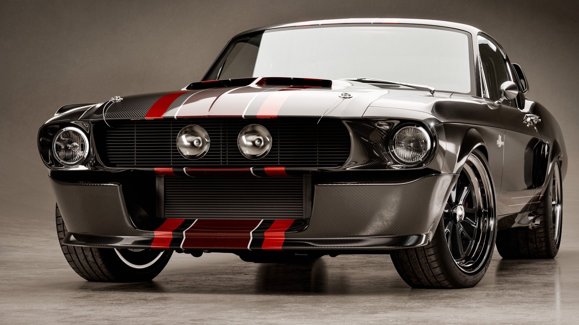 A carbon and red 1967 Ford Mustang Shelby GT500CR Centennial Edition by Classic Recreations front shot