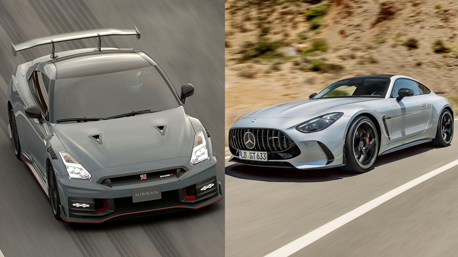 2024 Nissan GT-R vs 2024 Mercedes-AMG GT Split Image
