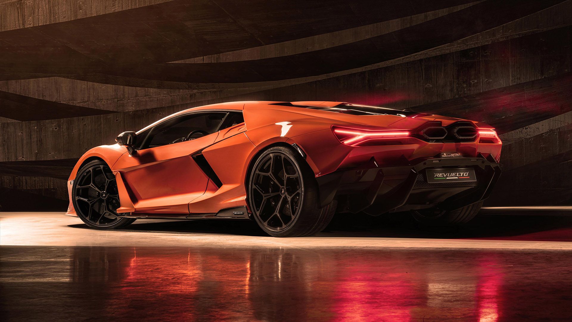 Orange Lamborghini Revuelto rear view