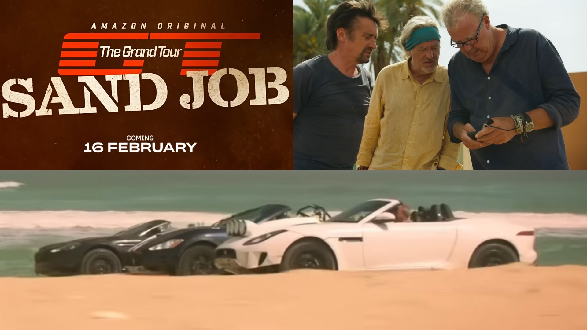 The Grand Tour Sand Job Sports Cars Side View On Beach