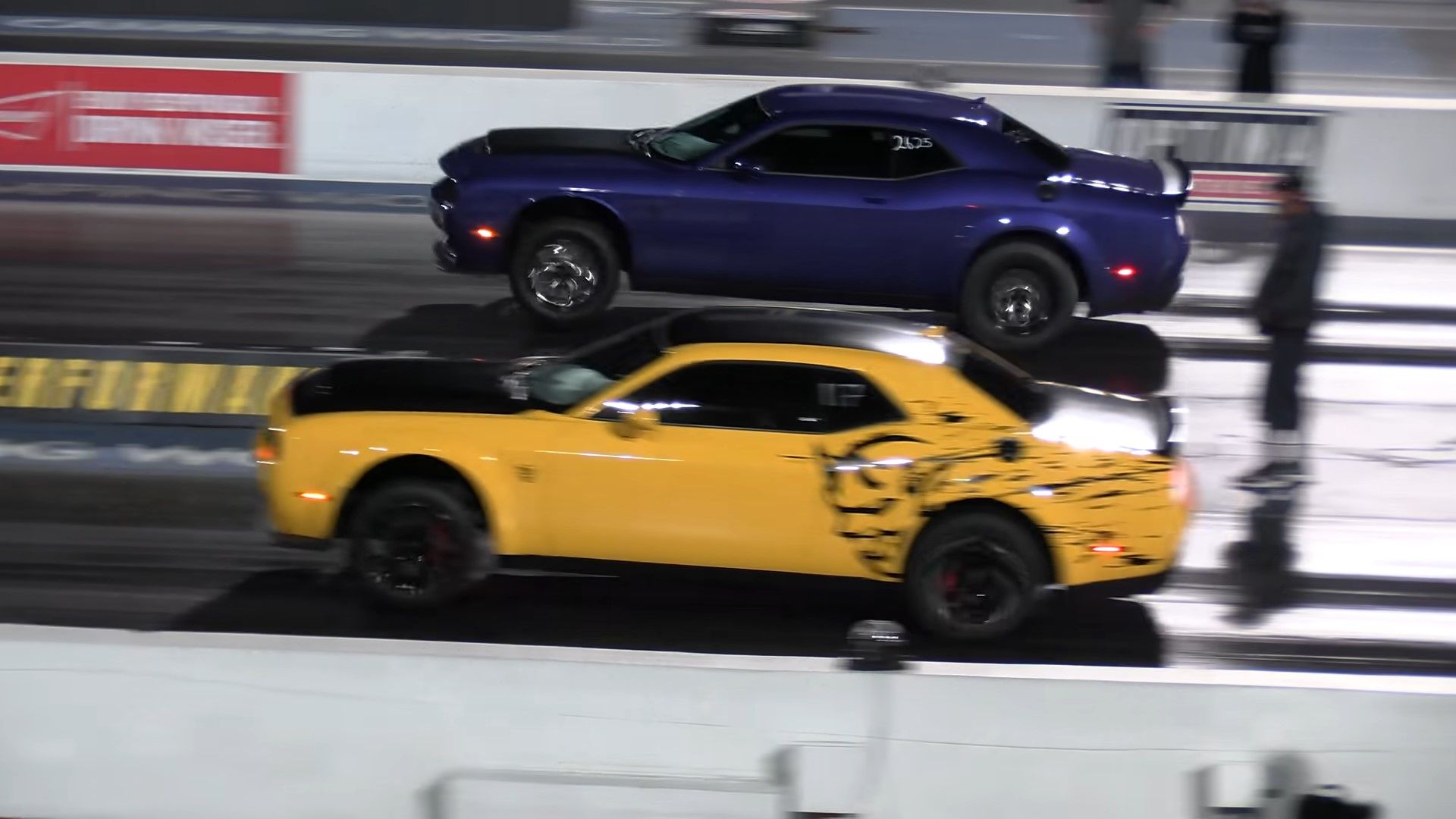 A yellow 2018 Dodge Demon vs a Purple 2023 Dodge Demon 170 drag racing side shot