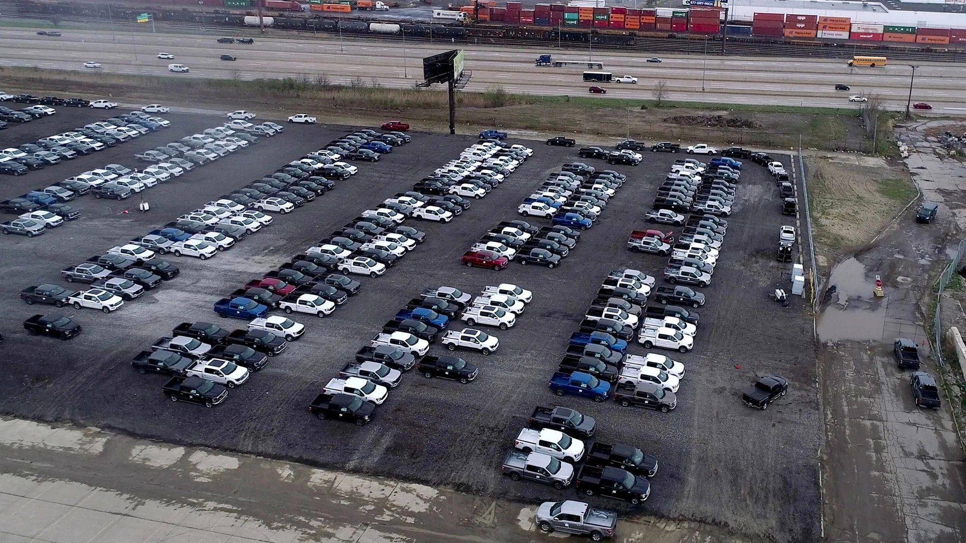 Hundreds of 2024 Ford F-150 pickups sitting bayed in Detroit