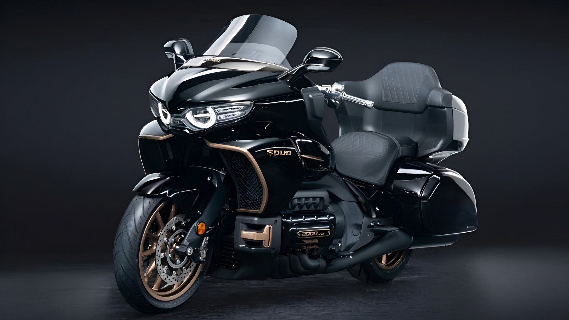 Honda Gold-wing-rivaling GWM Souo Luxury Grand Touring motorcycle front third quarter view