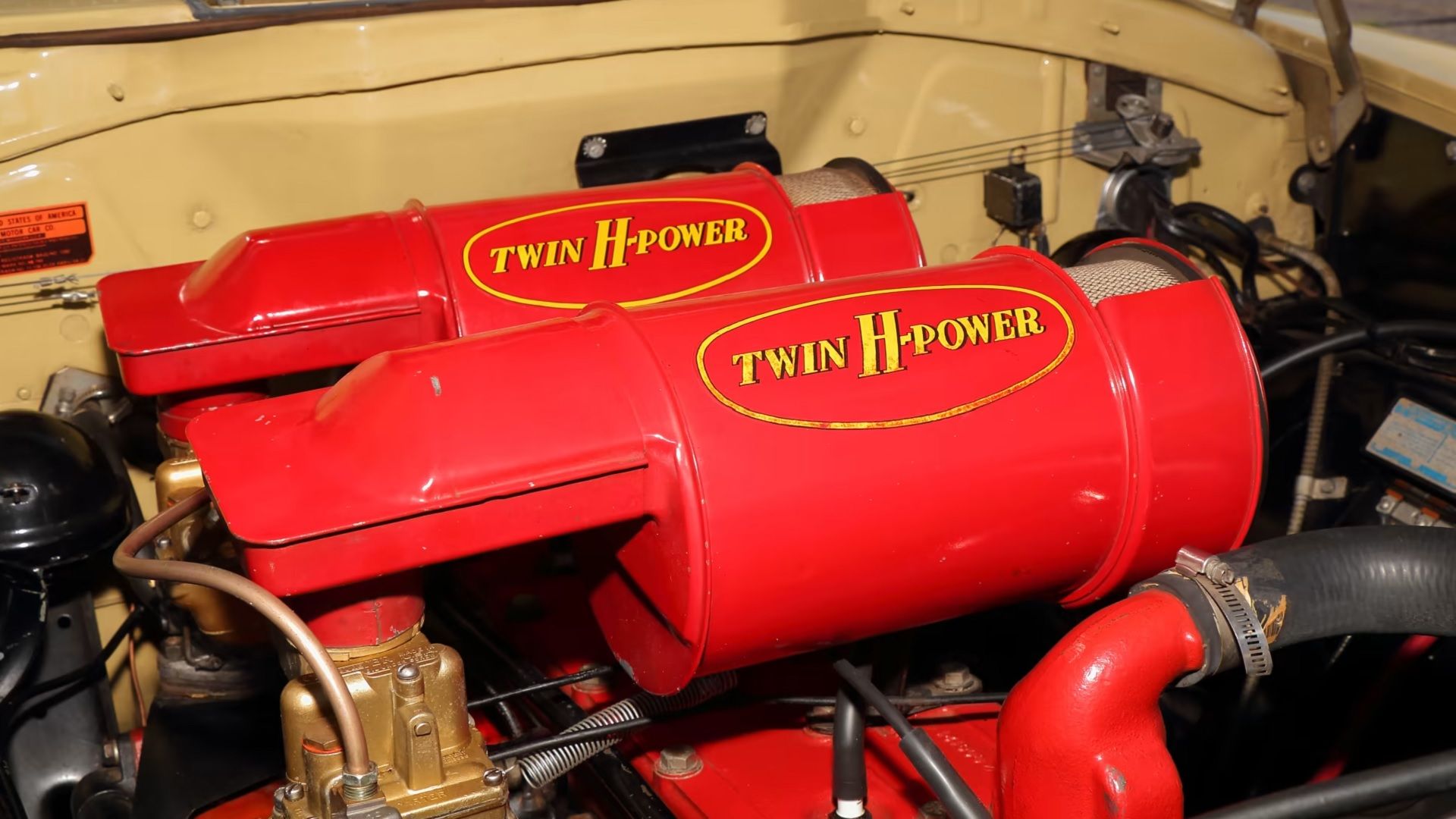 Red 1952 Hudson Hornet Twin H engine