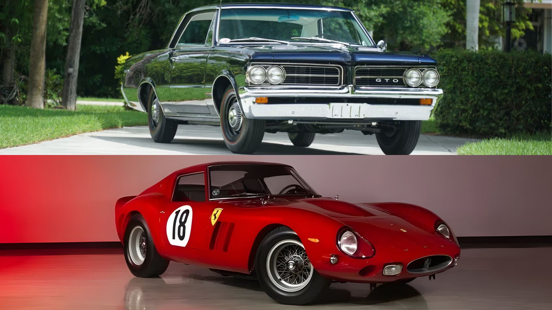 Pontiac GTO vs Ferrari GTO vista de comparação do terceiro trimestre