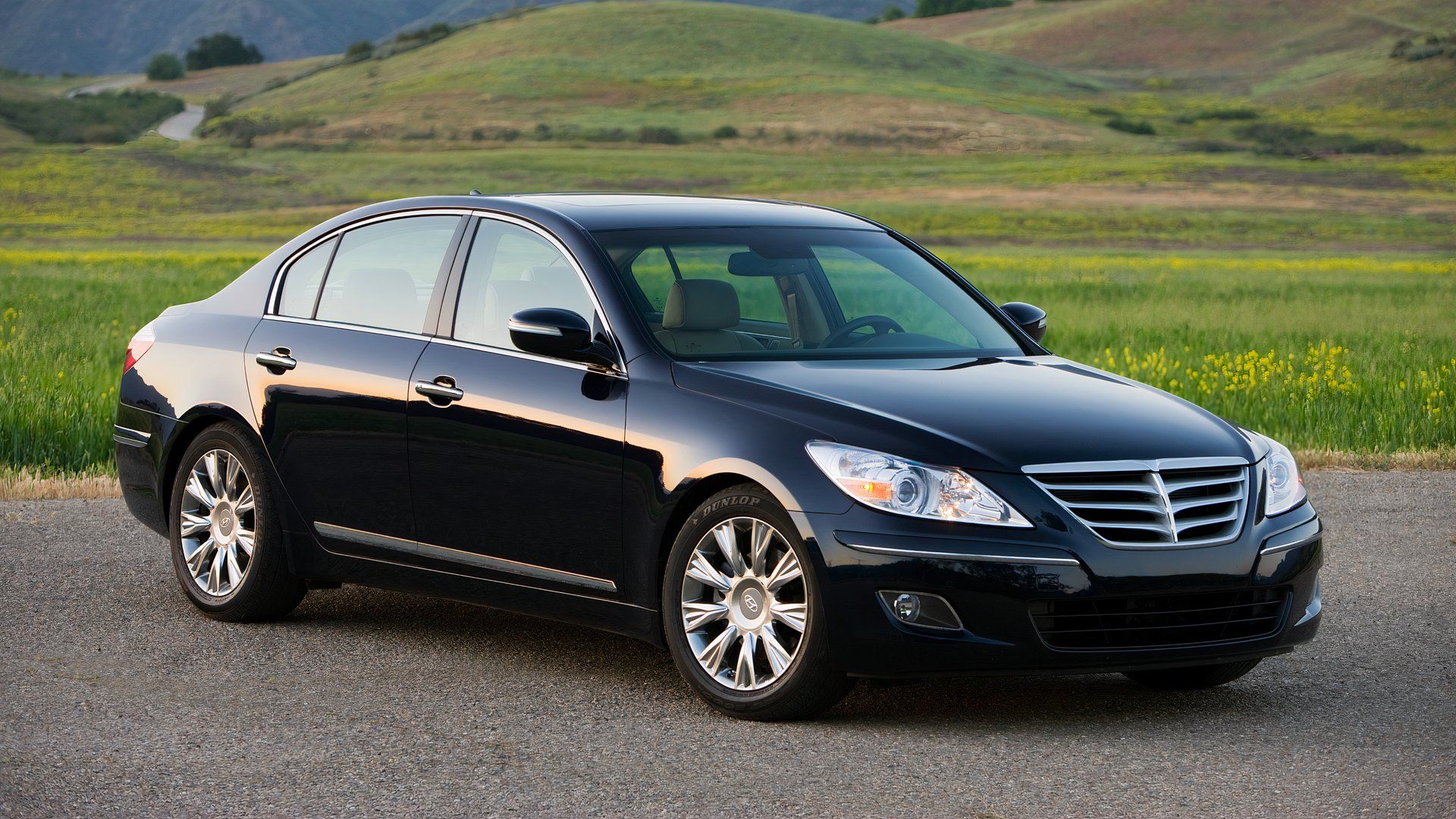 Sedan Hyundai Genesis 2010 estacionado em frente a colinas