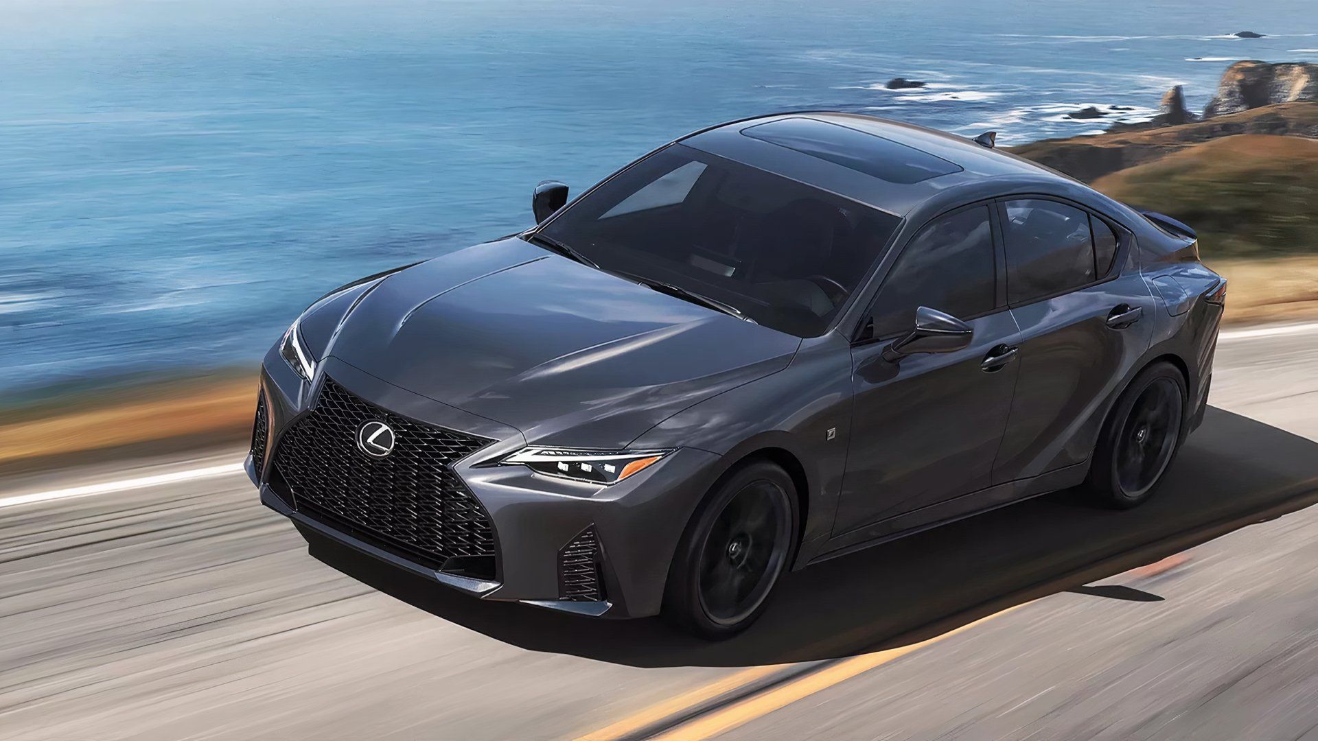 Lexus IS 500 F Sport Performance, vista frontal de cima, cinza