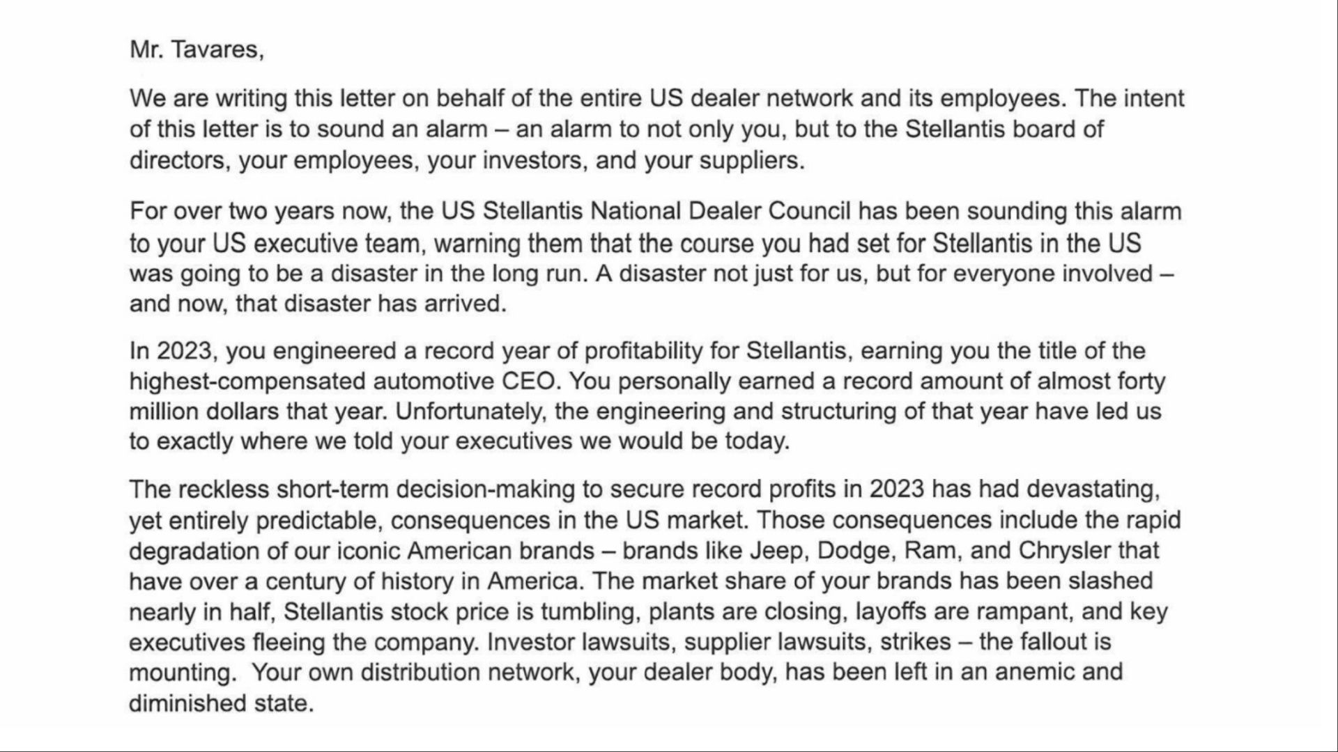 Declaração em resposta à carta do presidente do Conselho Nacional de Concessionários Stellantis