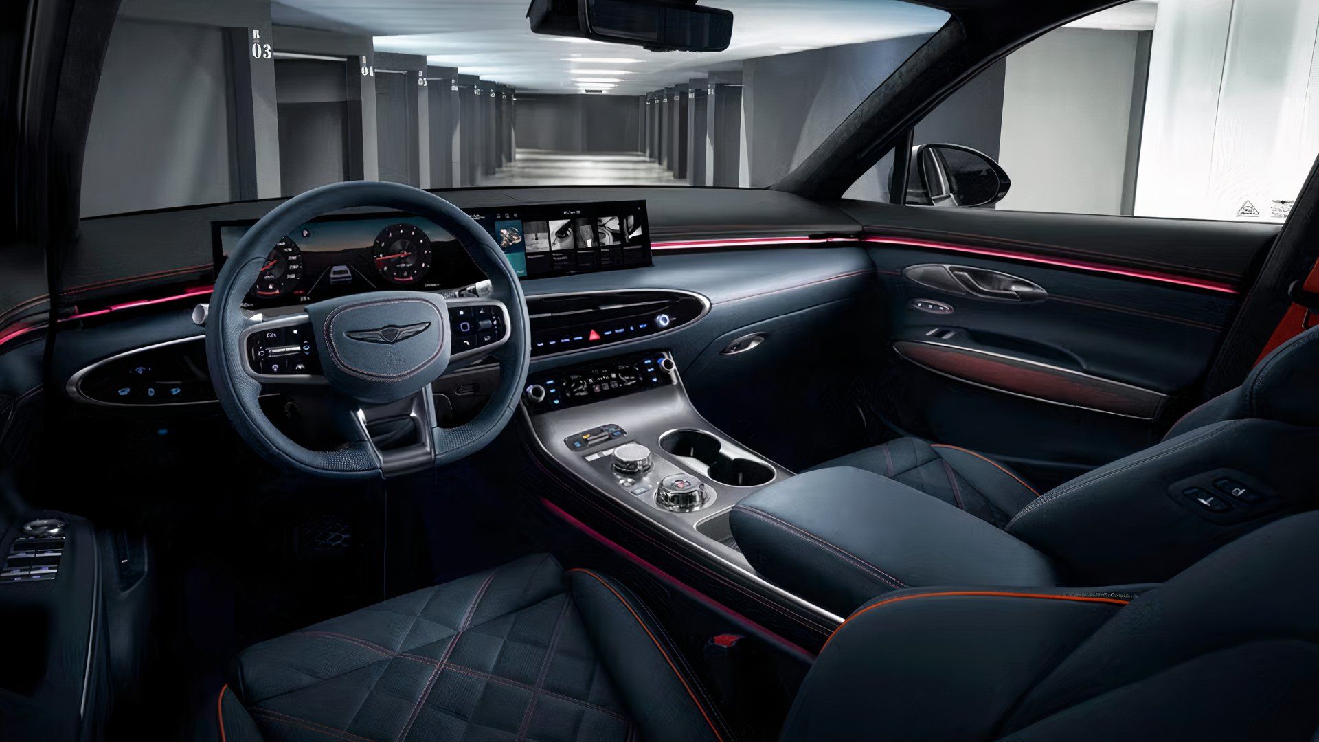 Interior do Genesis GV70 2026, close-up da frente da cabine