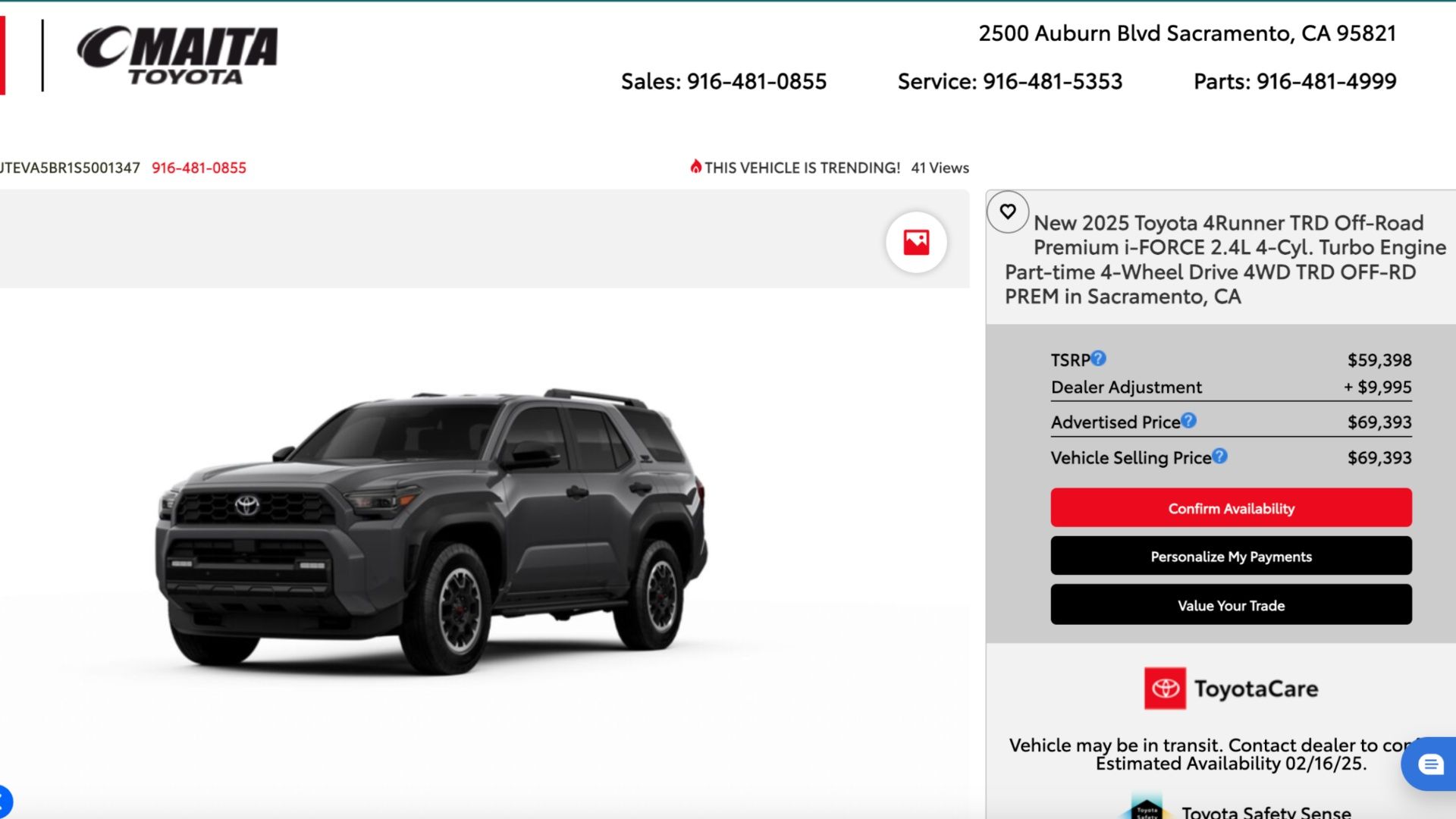 Marcações da concessionária Toyota 4Runner 2025