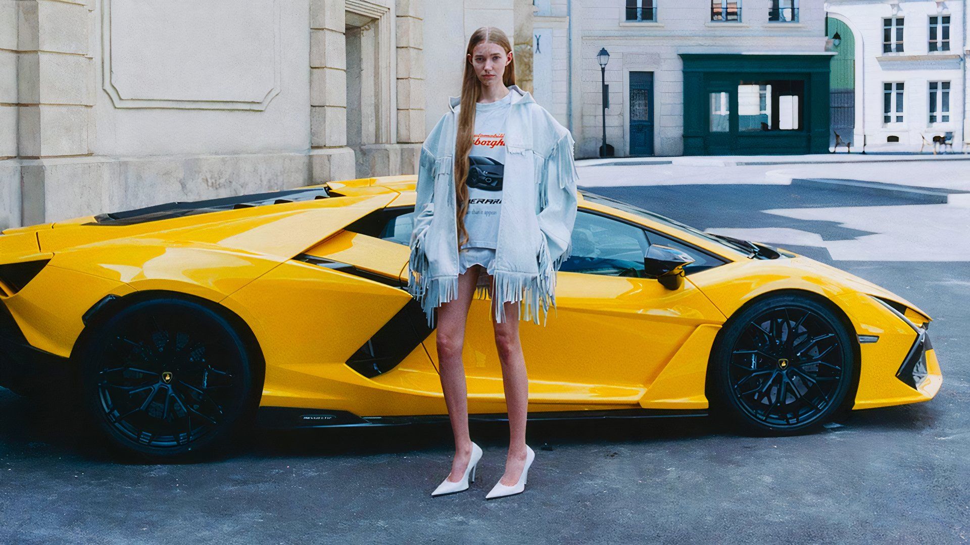 2025 lamborghini temerario yellow profile with model bon jovi jacket