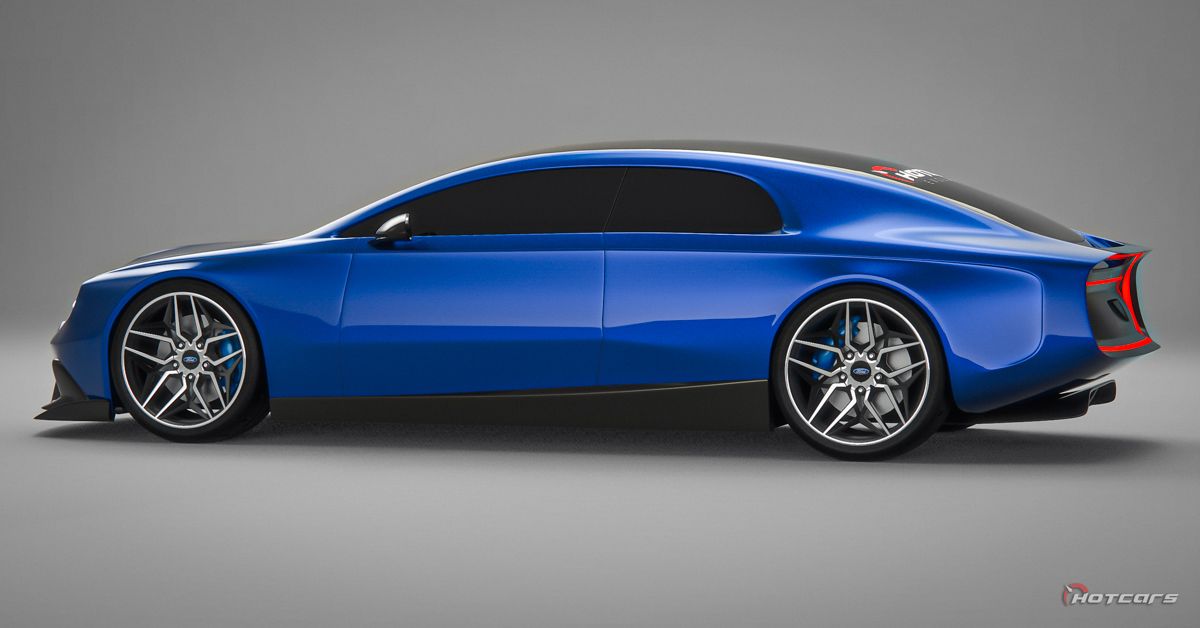 Modern Ford Galaxie electric concept render in blue studio side profile