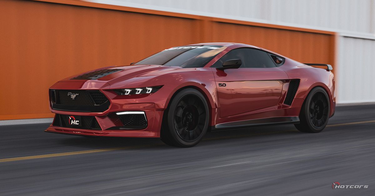 Red 2024 Ford Mustang mid-engine concept front 3/4 rolling