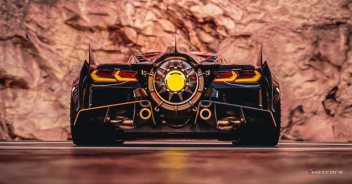 Carro HotCars renderiza Chevy Corvette C8 como o Batmóvel, vista de perfil traseiro