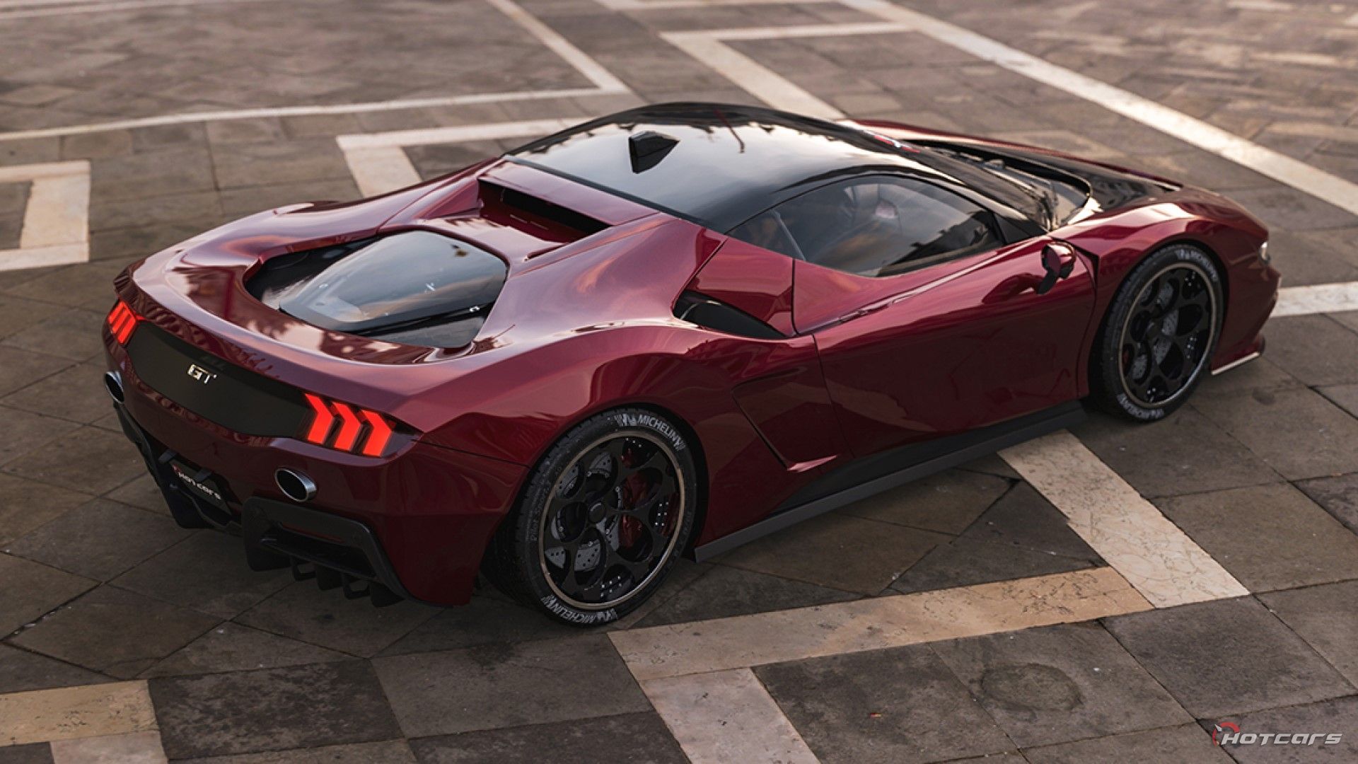 HotCars Car Renders Ferrari-Inspired Ford Mustang, rear quarter view from above