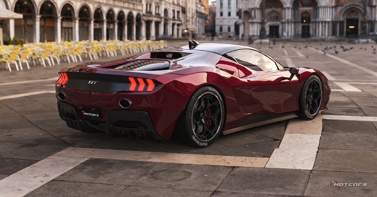 HotCars Car Renders Ford Mustang inspirado na Ferrari, vista lateral traseira