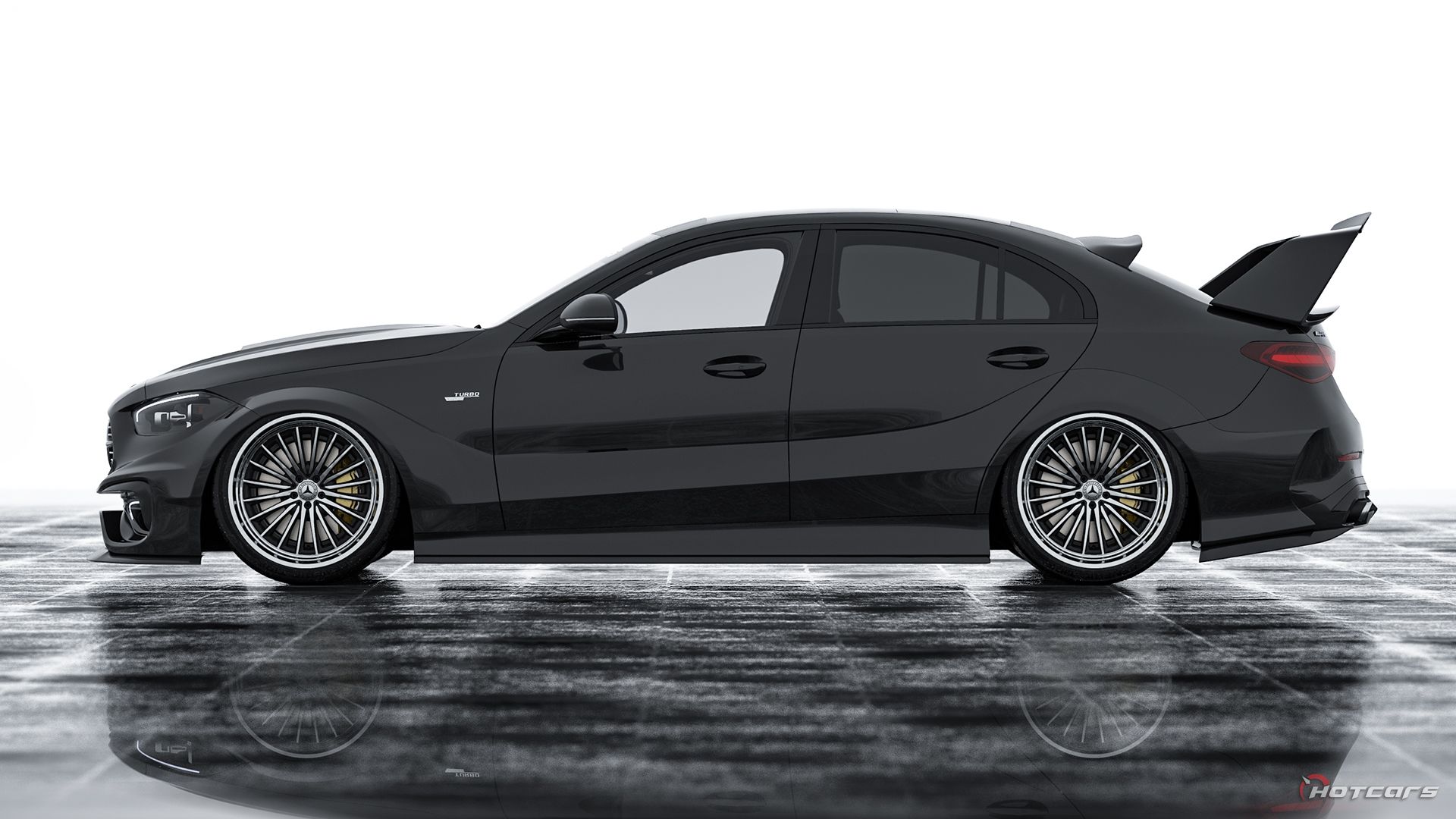 A black 2024 Mercedes-AMG C43 Evo II Black Series render side shot